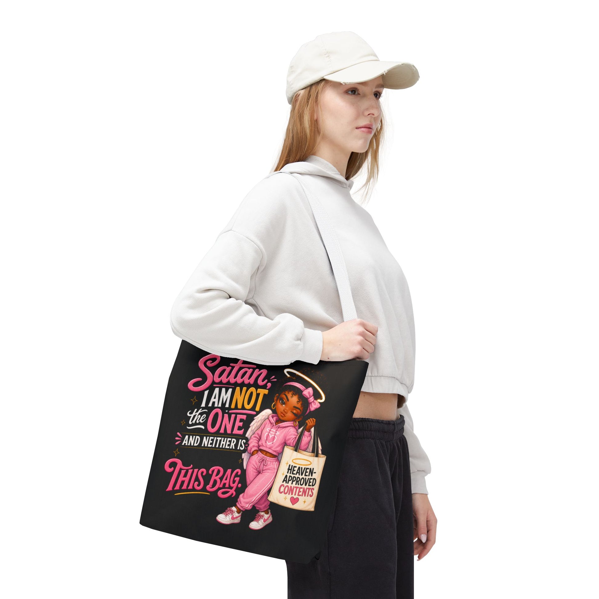 Tote Bag — "Satan I Am Not The One" Retro Angel Girl Tote (Heaven Approved Content) - ClaimedbyGodDesigns