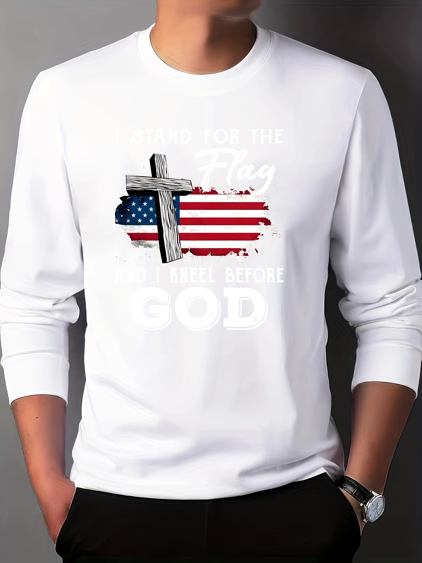 I Stand For The Flag And I Kneel Before God Plus Size Patriotic American Flag Men's Christian Pullover Sweatshirt claimedbygoddesigns