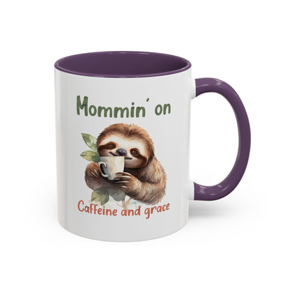 Sloth Mom Coffee Accent Mug - 'Mommin' on Caffeine and Grace' - Cute Gift for Christian Moms