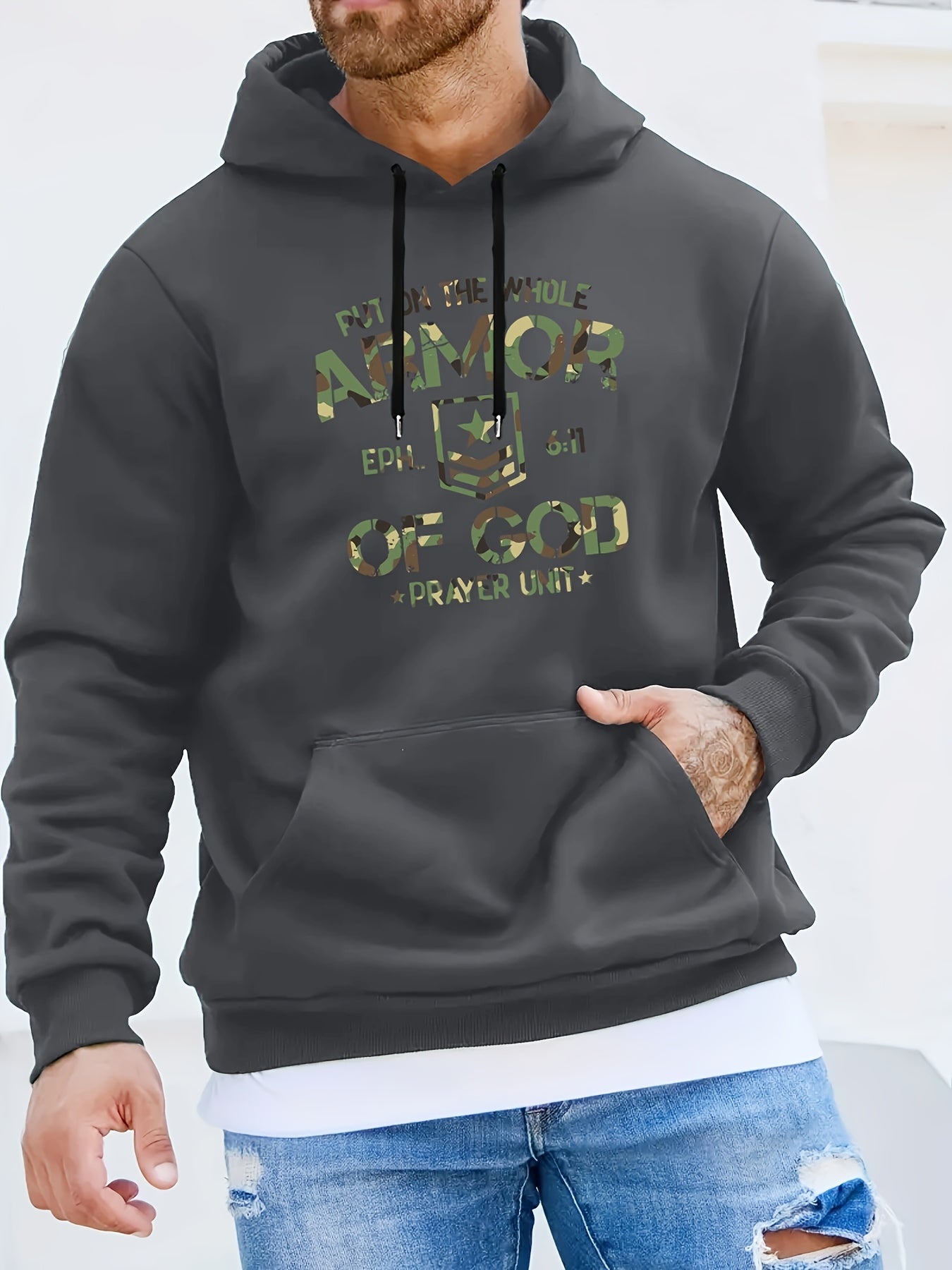 Ephesians 6:11 Prayer Unit: Put On The Whole Armor Of God Men's Christian Pullover Hooded Sweatshirt claimedbygoddesigns