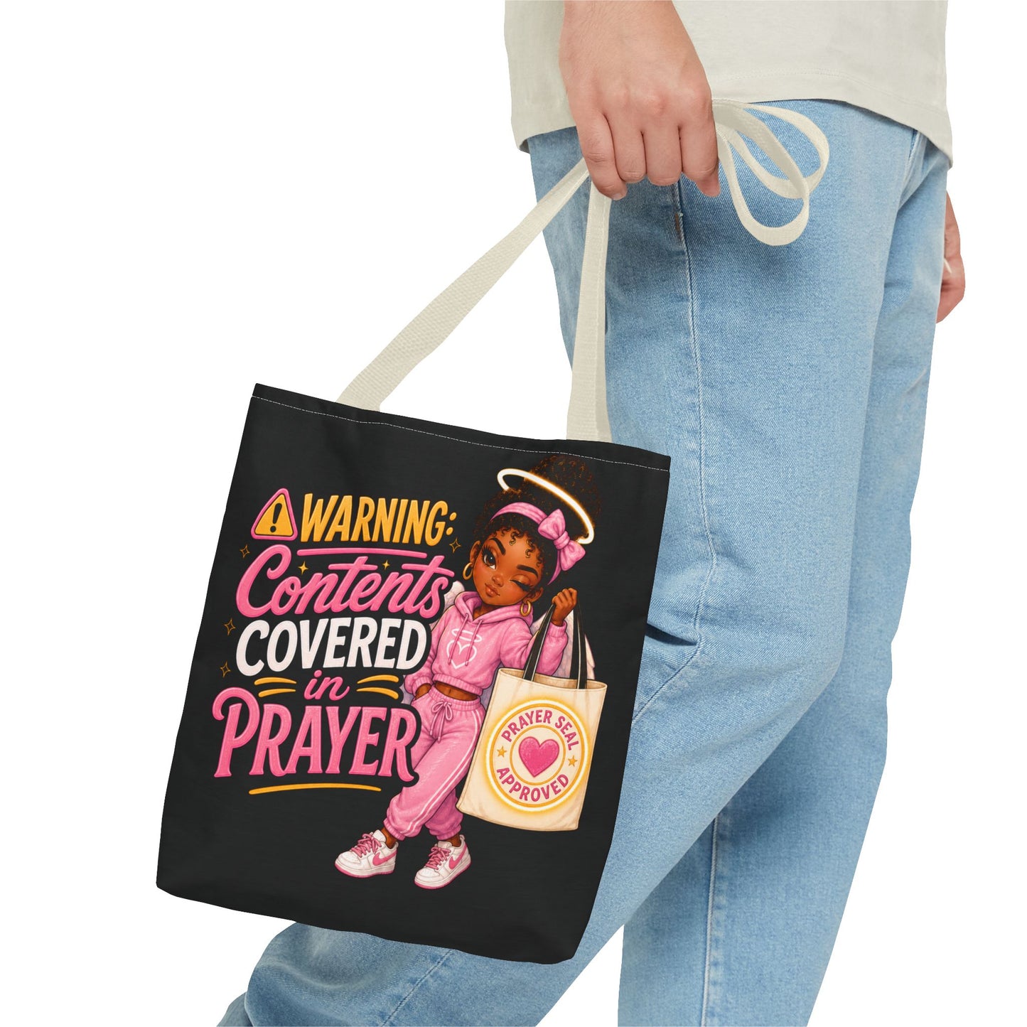 Tote Bag — "Warning: Contents Covered in Prayer" Pink Faith Tote - ClaimedbyGodDesigns