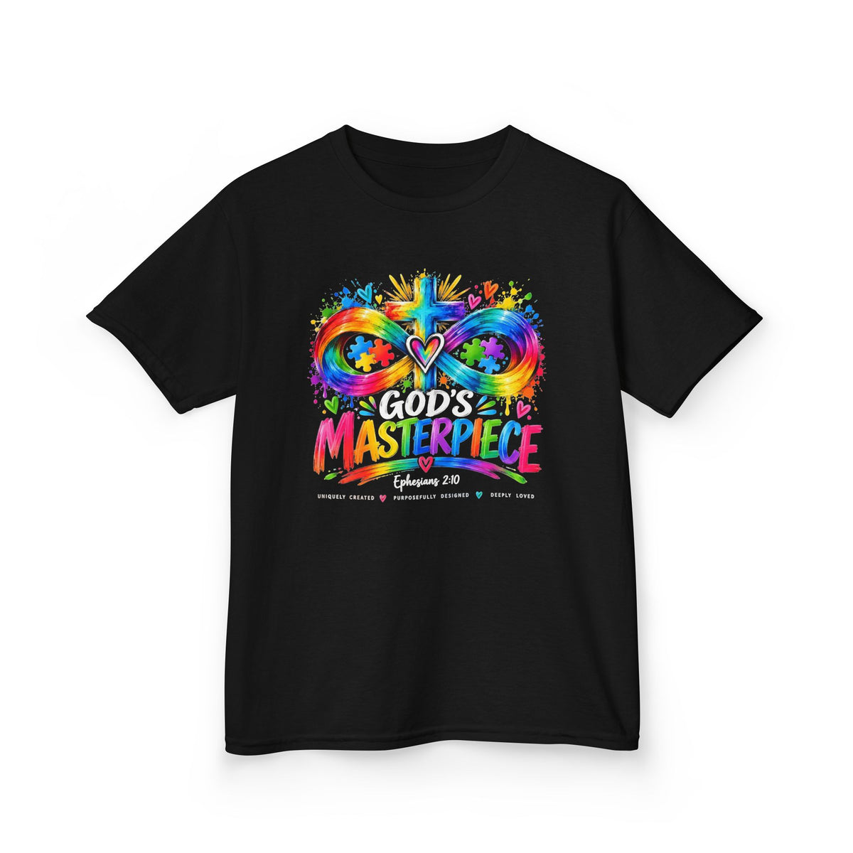 Youth Autism Awareness T-Shirt — "God's Masterpiece" Colorful Heart & Infinity Tee