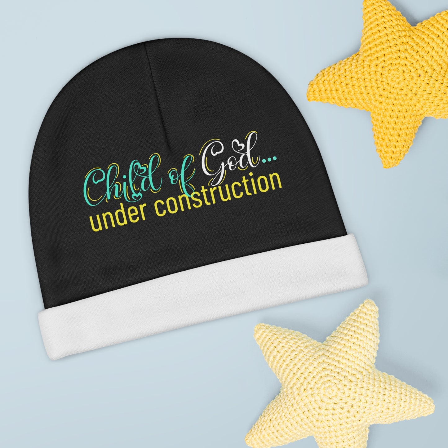 Child Of God Under Construction Christian Baby Beanie (AOP) Printify