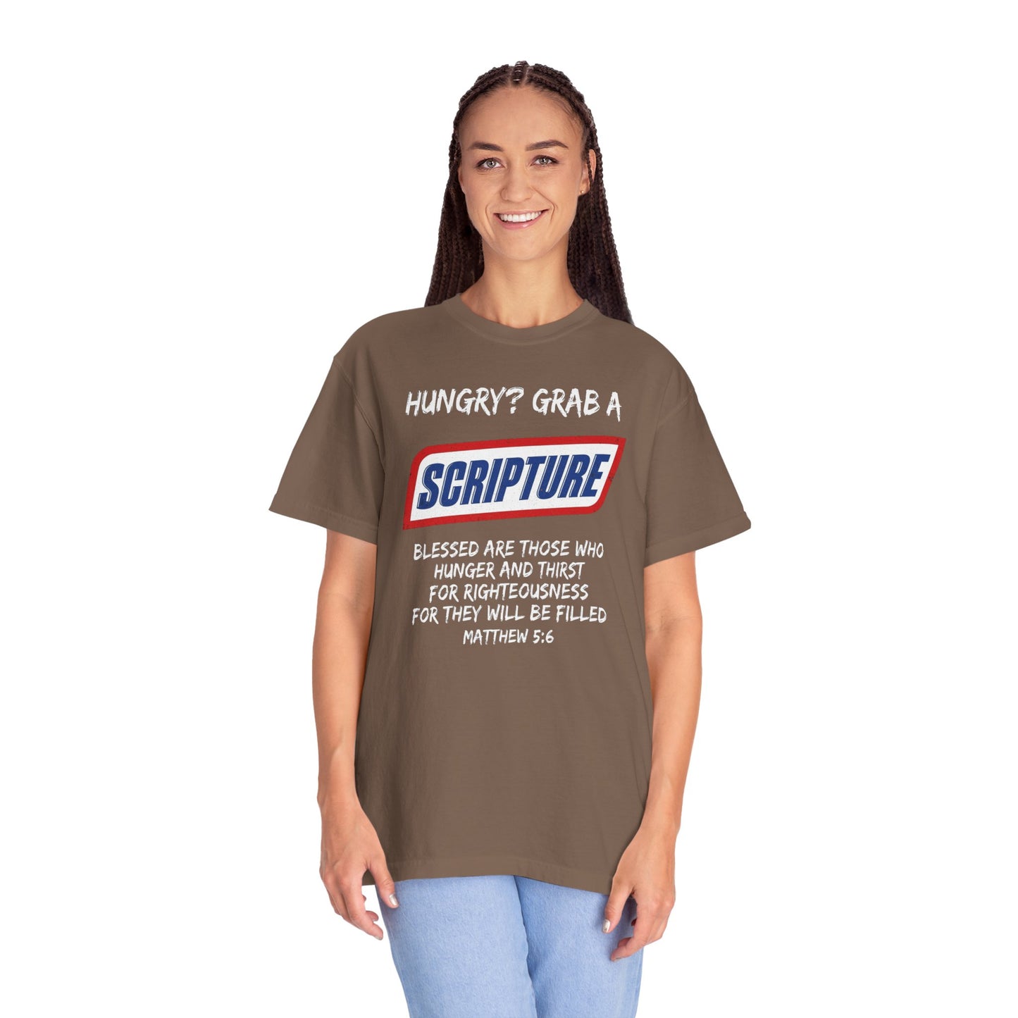 Scripture Snack T-Shirt — "Hungry? Grab a Scripture" Matthew 5:6 Christian Tee
