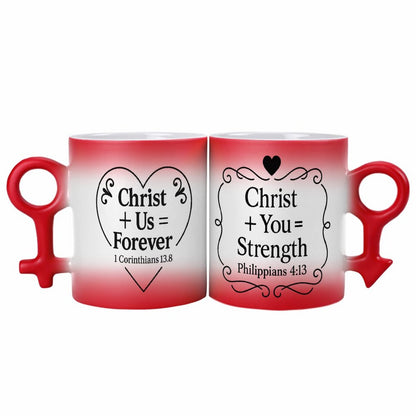Christian Couple Color-Changing Mugs – “Christ + Us = Forever” & “Christ + You = Strength” Gift Set