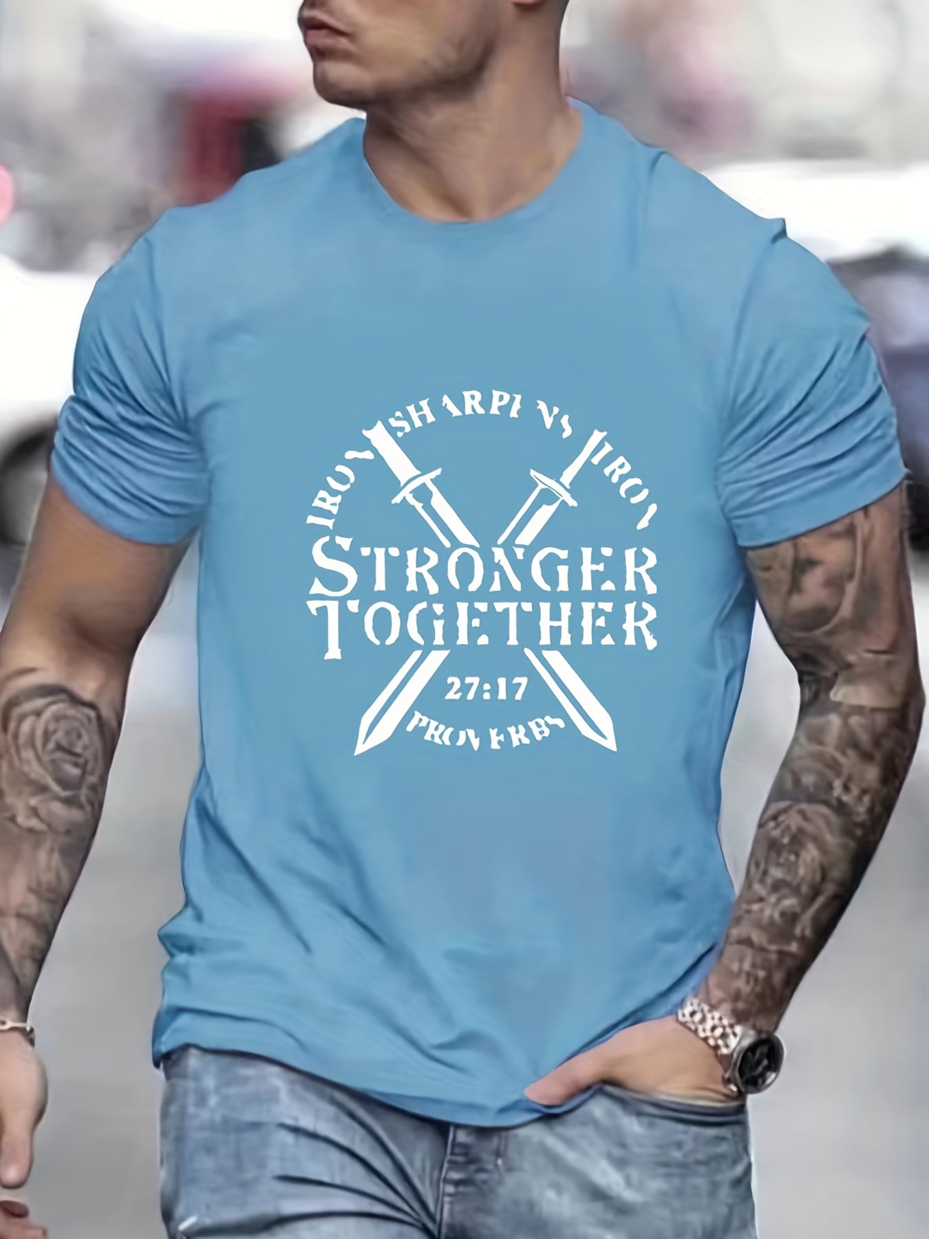 Proverbs 27:17 Iron Sharpens Iron STRONGER TOGETHER Men's Christian T-shirt claimedbygoddesigns