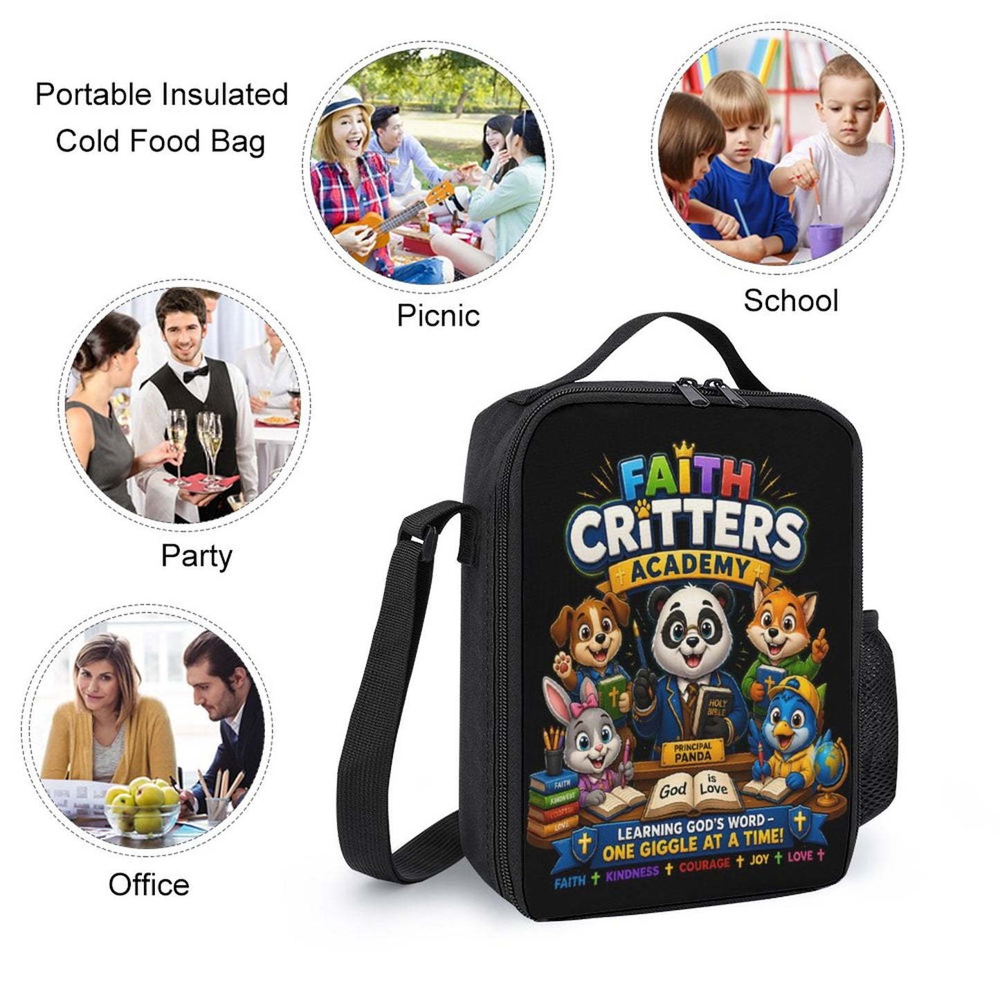 Faith Critters Academy Christian 3 PCS Bag Set (Backpack, Lunch Bag and Pencil Case) - ClaimedbyGodDesigns
