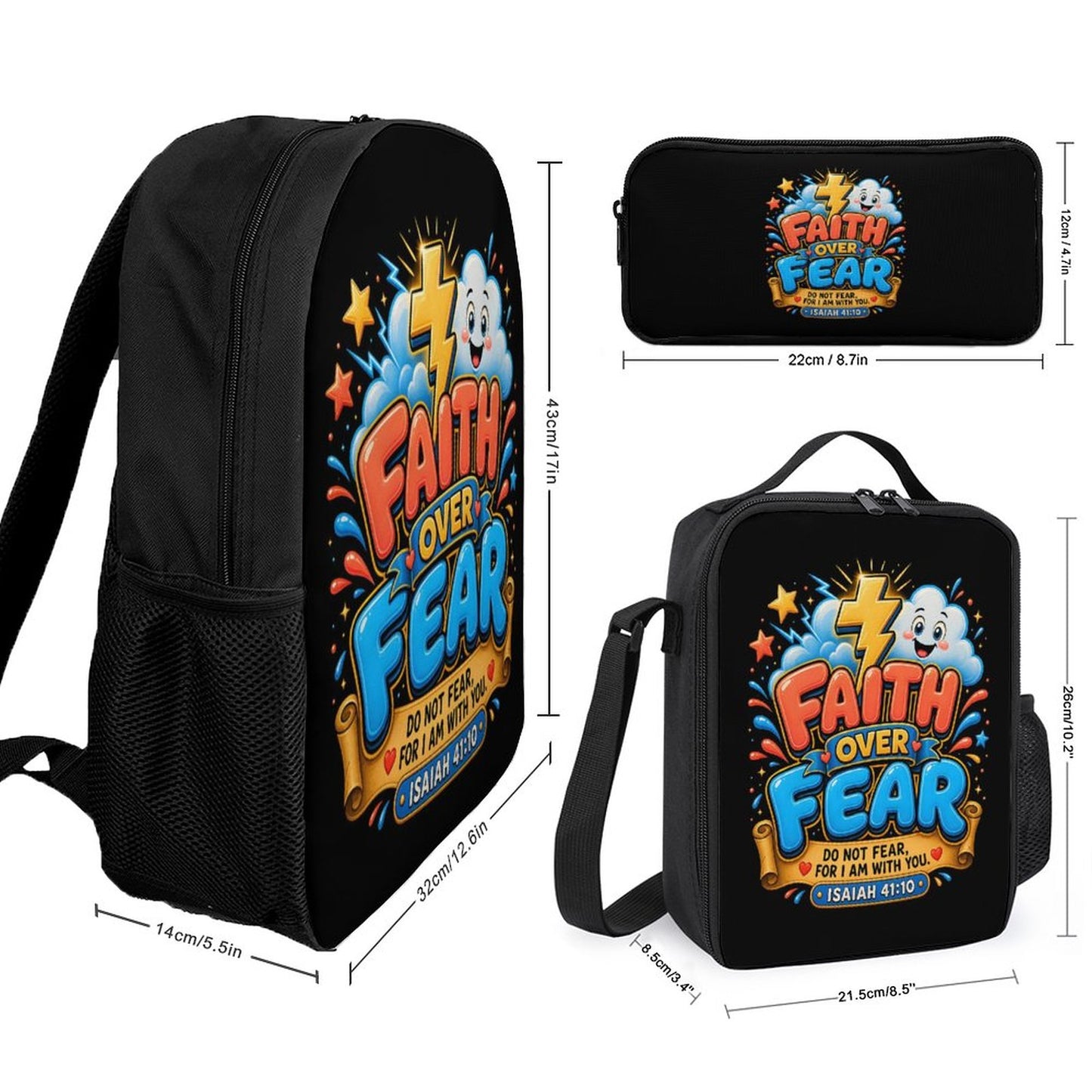 Faith Over Fear Christian 3 PCS Bag Set (Backpack, Lunch Bag and Pencil Case) - ClaimedbyGodDesigns