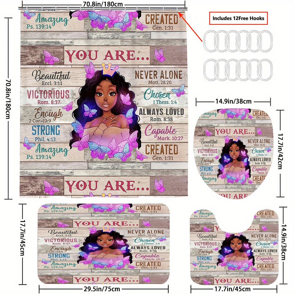 You Are Who God Says You Are Shower Curtain or Set w/ 12 Shower Curtain Hooks 70.8x70.8in claimedbygoddesigns