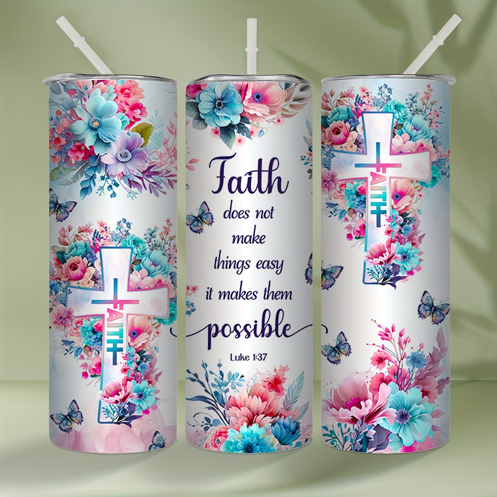 Faith Does Not Make Things Easy It Makes Them Possible Christian Insulated Stainless Steel Tumbler With Lid And Straw, 20oz claimedbygoddesigns