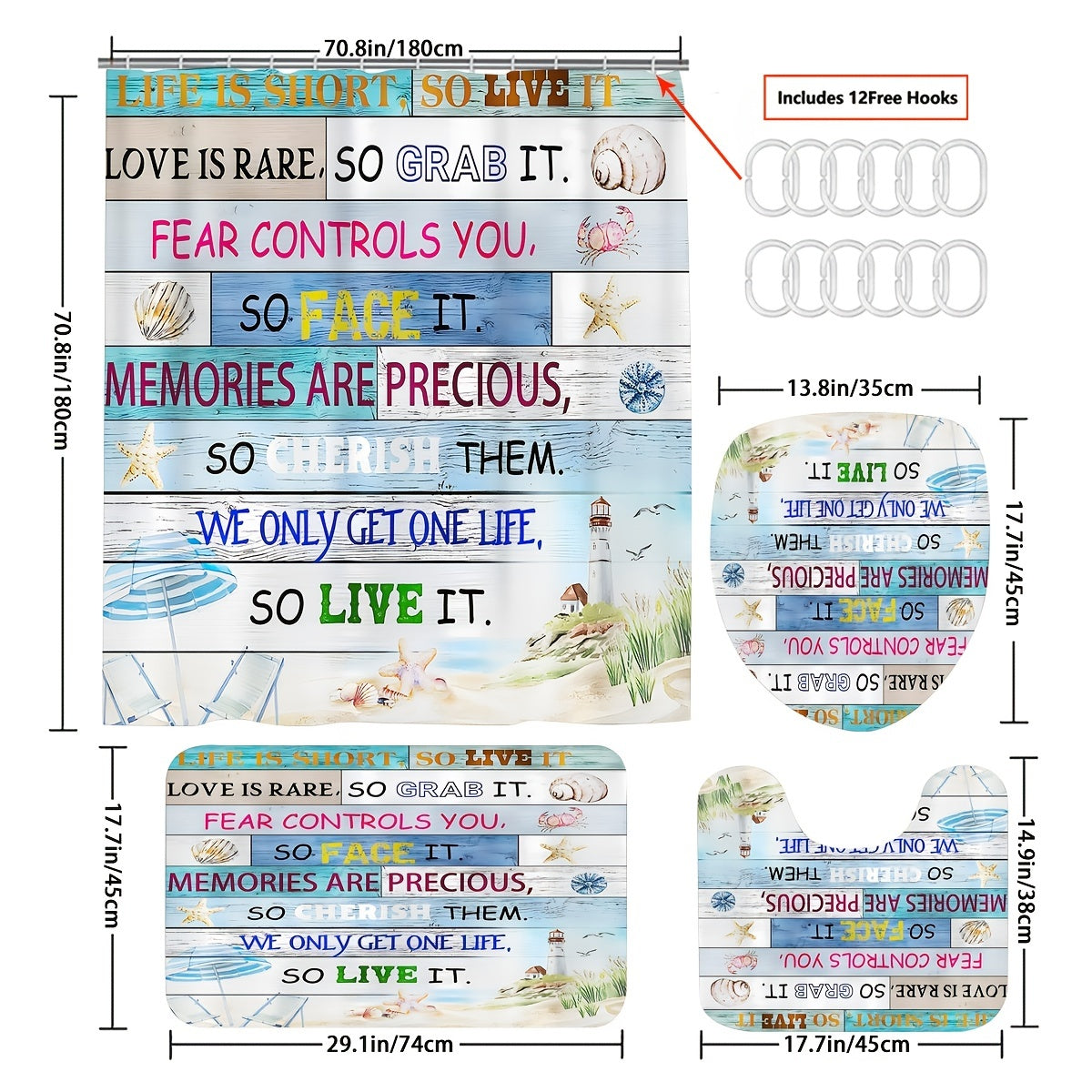 Life Is Short So Live It Christian Shower Curtain With 12 Hooks, Non-Slip Bathroom Rug, Toilet U-Shape Mat, Toilet Lid Cover Pad 1 or 4pcs 70.8x70.8in claimedbygoddesigns