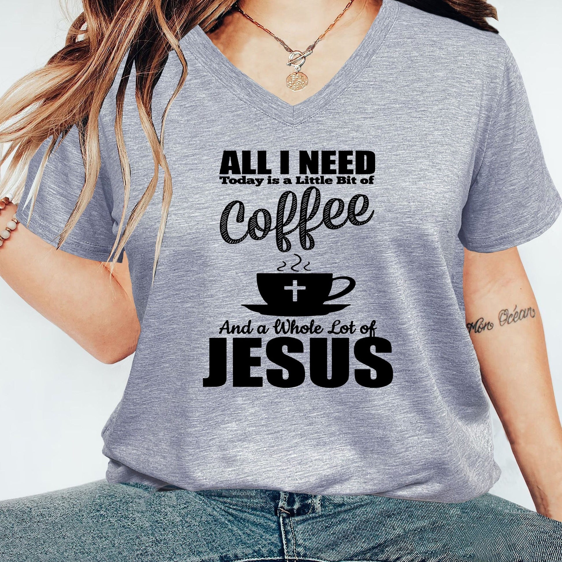 All I Need Is Coffee & Jesus Women's Christian V Neck T-Shirt claimedbygoddesigns