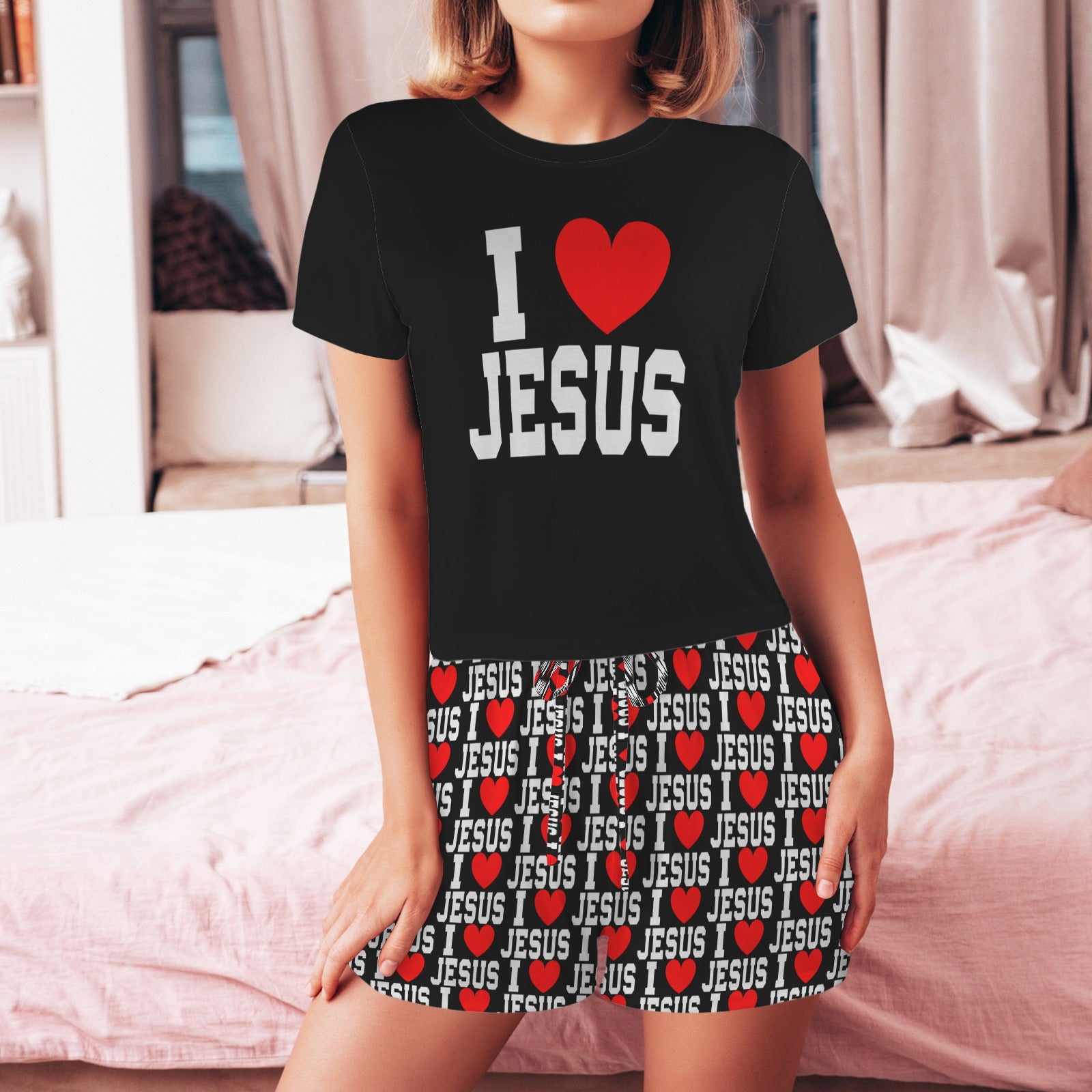 I Love Jesus (2) Women's Short Sleeved String Christian Pajama Set