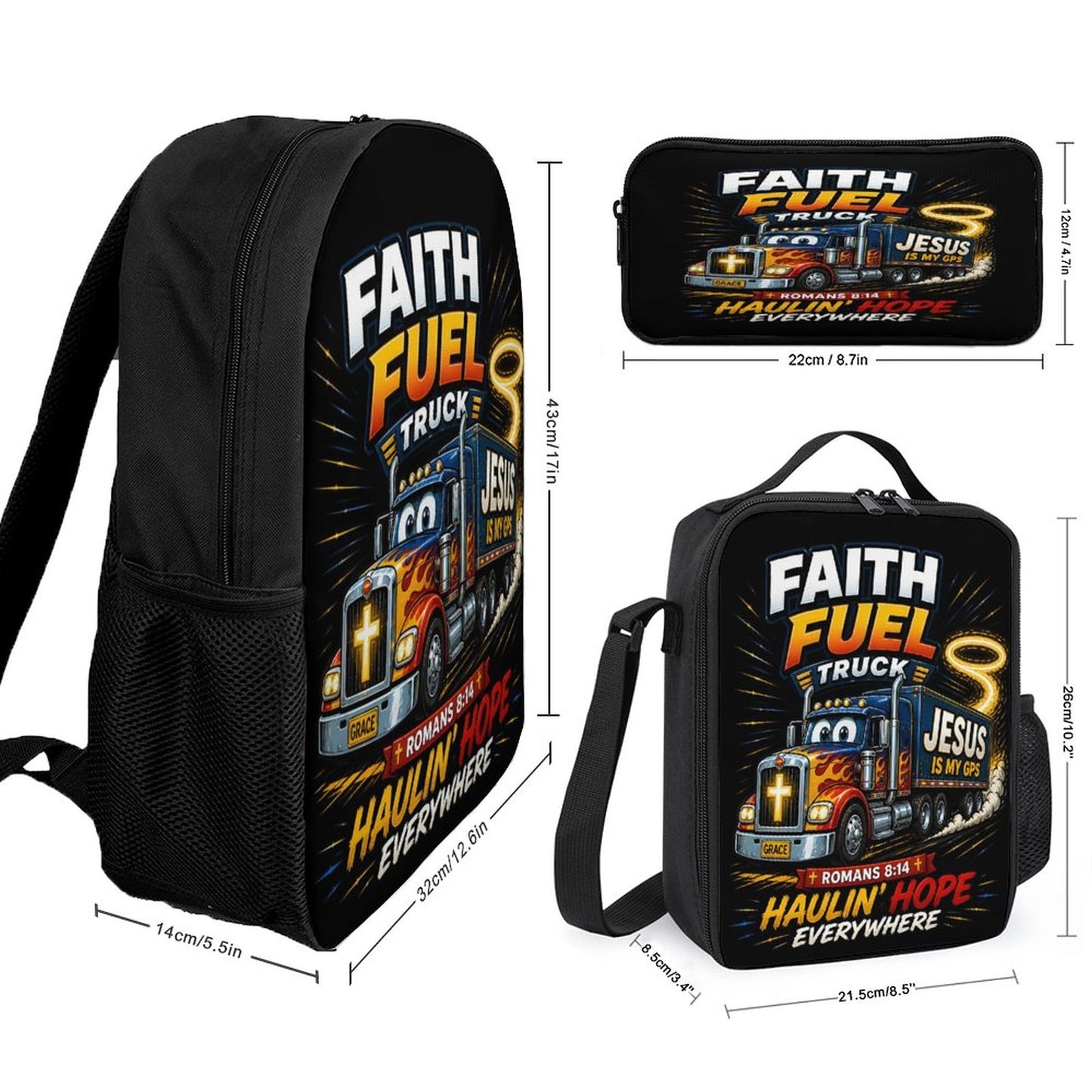 Faith Fuel Truck Christian 3 PCS Bag Set (Backpack, Lunch Bag and Pencil Case) - ClaimedbyGodDesigns