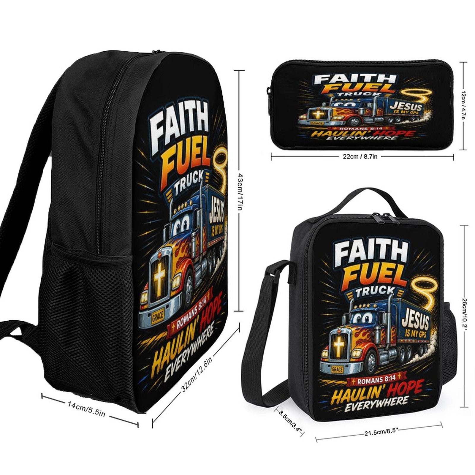 Faith Fuel Truck Christian 3 PCS Bag Set (Backpack, Lunch Bag and Pencil Case) - ClaimedbyGodDesigns
