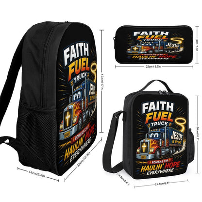 Faith Fuel Truck Christian 3 PCS Bag Set (Backpack, Lunch Bag and Pencil Case) - ClaimedbyGodDesigns
