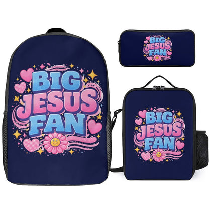 Big Jesus Fan 3 PCS Christian Backpack Set (Backpack, Lunch Bag and Pencil Case) - ClaimedbyGodDesigns