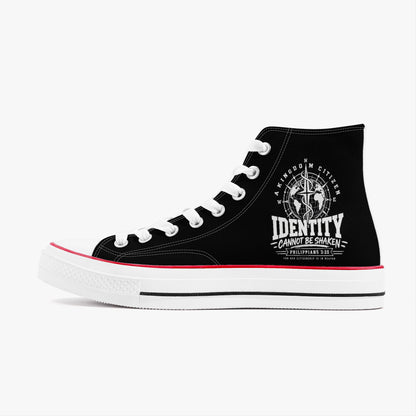 Identity Cannot Be Shaken Christian high-top canvas sneakers with A Kingdom Citizen compass, cross and globe, Philippians 3:20
