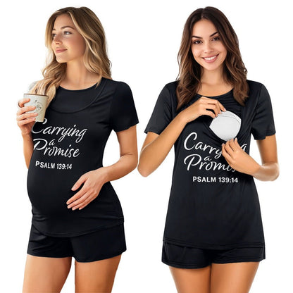 Carrying A Promise Christian Maternity Short Sleeve Pajama Set - ClaimedbyGodDesigns