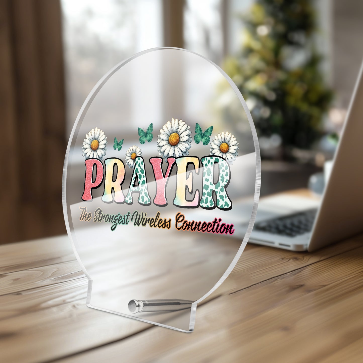 Prayer The Strongest Wireless Connection Christian Acrylic Plaque with Stand - Round - ClaimedbyGodDesigns