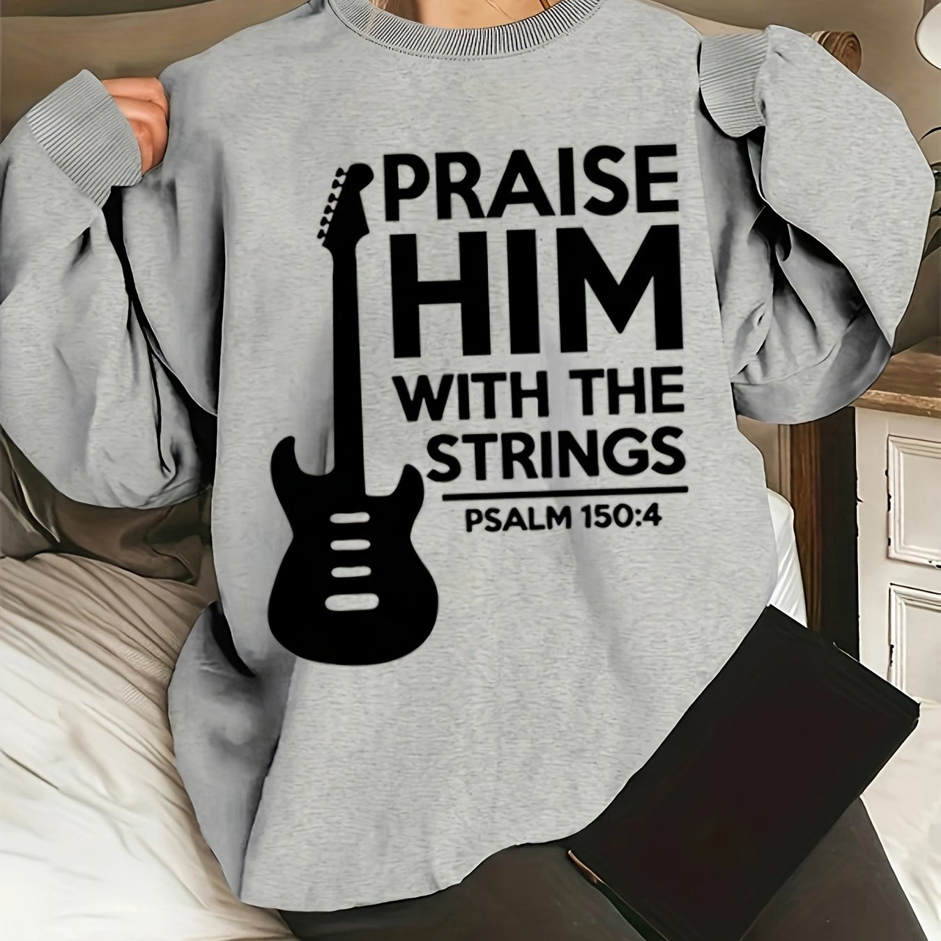 Praise Him With The Strings Plus Size Women's Christian Pullover Sweatshirt claimedbygoddesigns