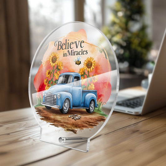 Believe In Miracles Christian Acrylic Plaque with Stand – Round Inspirational Faith Décor Gift - ClaimedbyGodDesigns