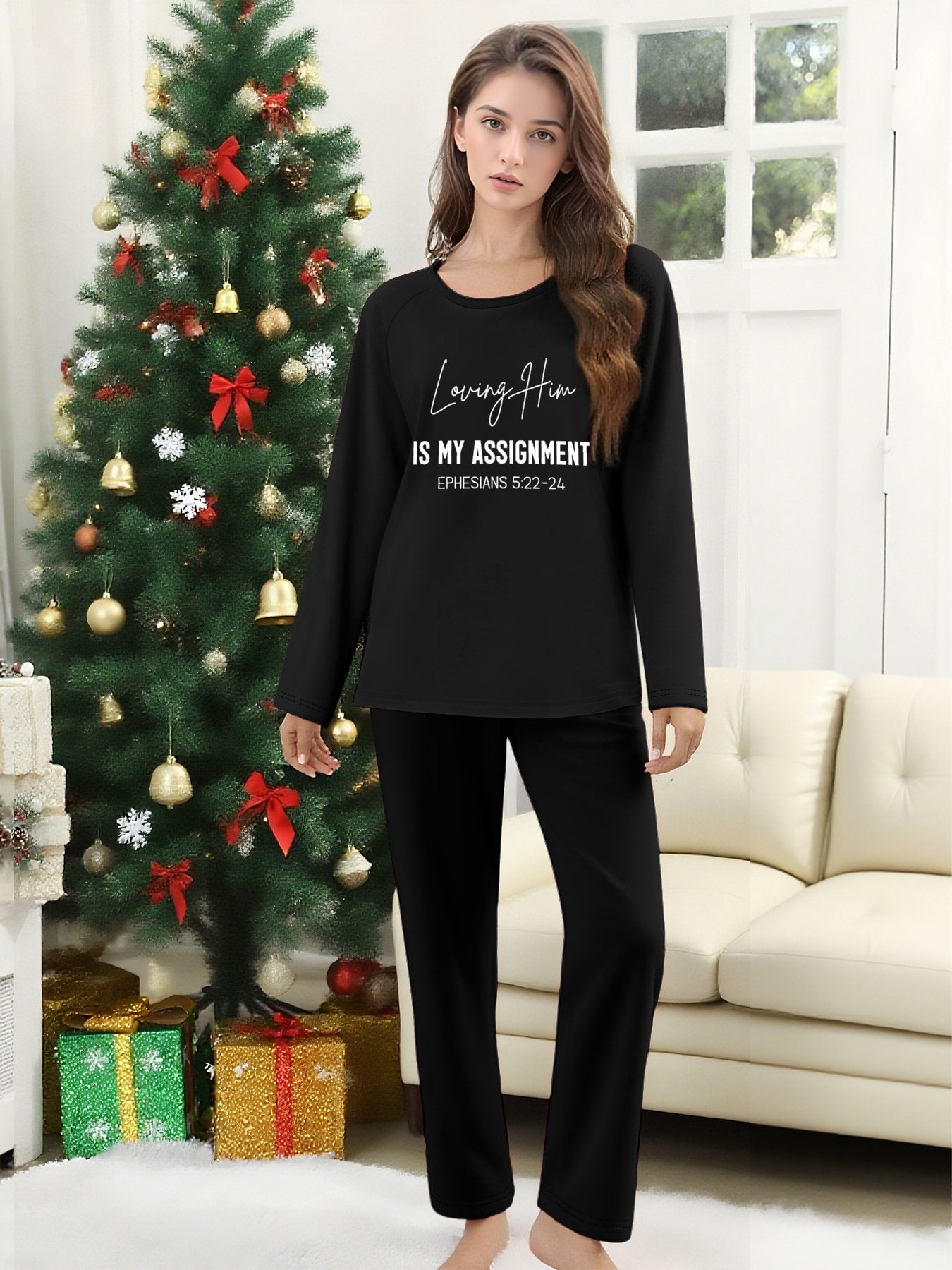 Loving Her is My Assignment Christian Plaid Couples Matching Pajamas (Women)