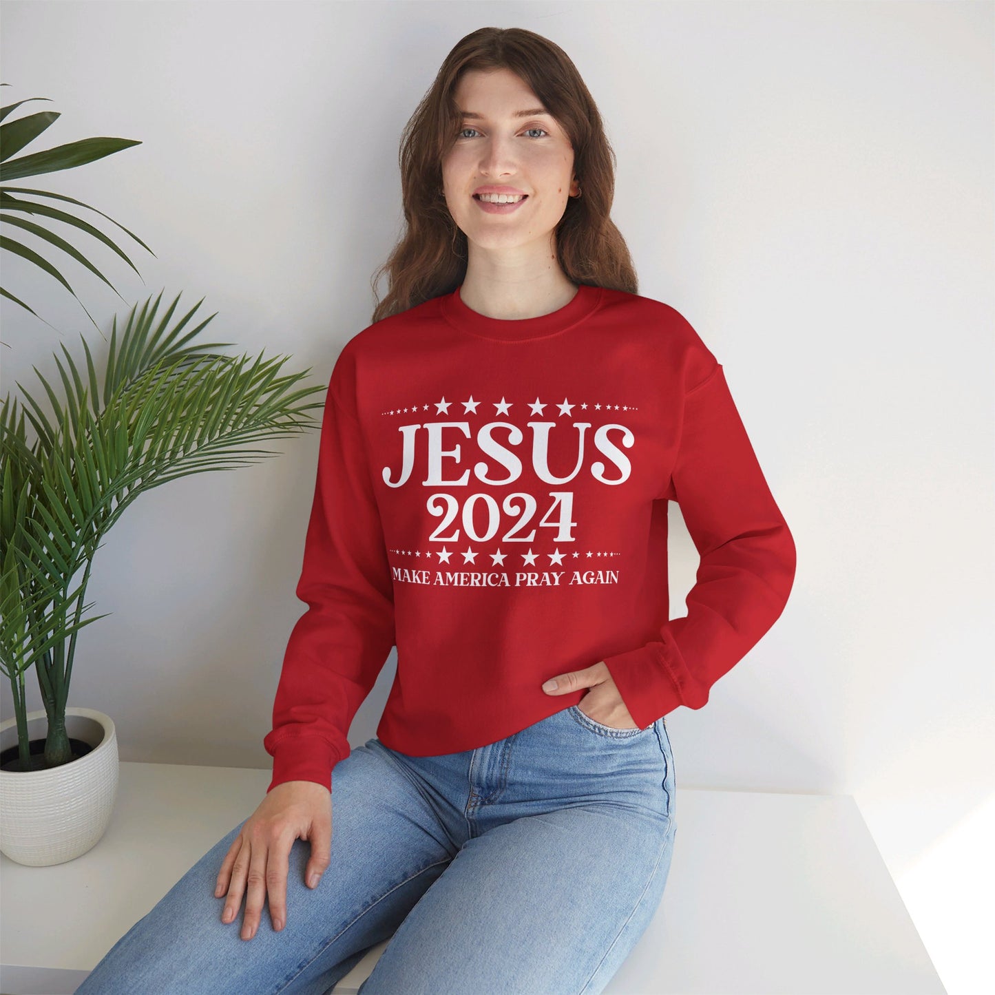 Jesus 2024 Make America Pray Again   Unisex Heavy Blend™ Crewneck Christian Sweatshirt