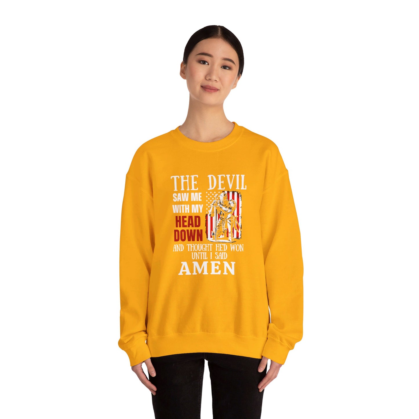 The Devil Saw Me With My Head Down And Thought He'd Won Until I Said Amen American Patriotic Flag Unisex Heavy Blend™ Crewneck Christian Sweatshirt