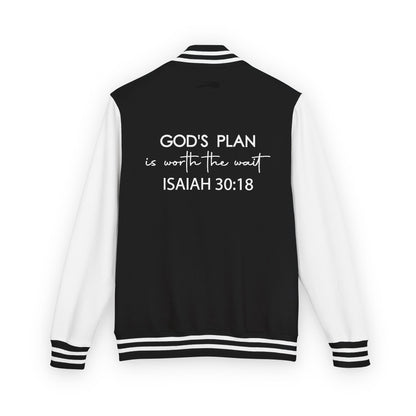 Unisex Heavyweight Christian Letterman Jacket - "His Plan is Worth the Wait"