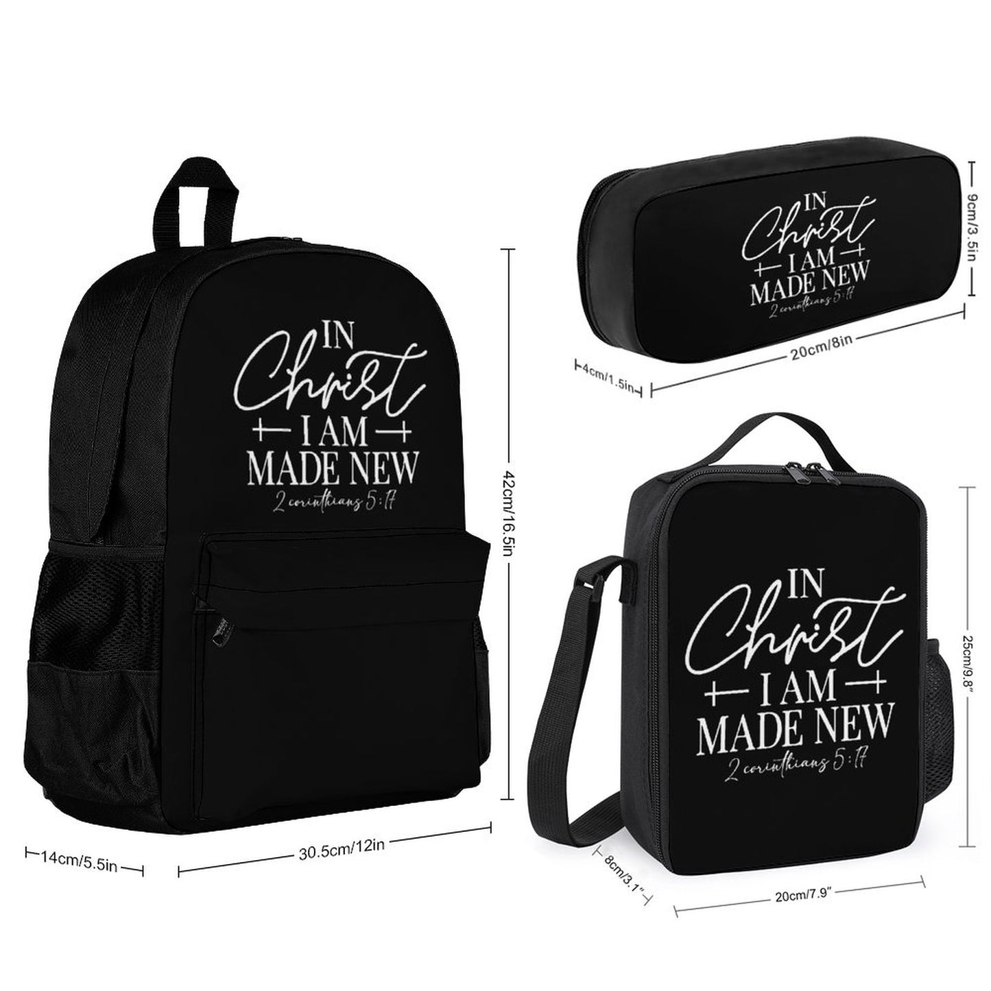 2 Corinthians 5:17 In Christ I Am Made New Set of 3 Christian Bags (Shoulder Bag Lunch Bag & Pencil Pouch)