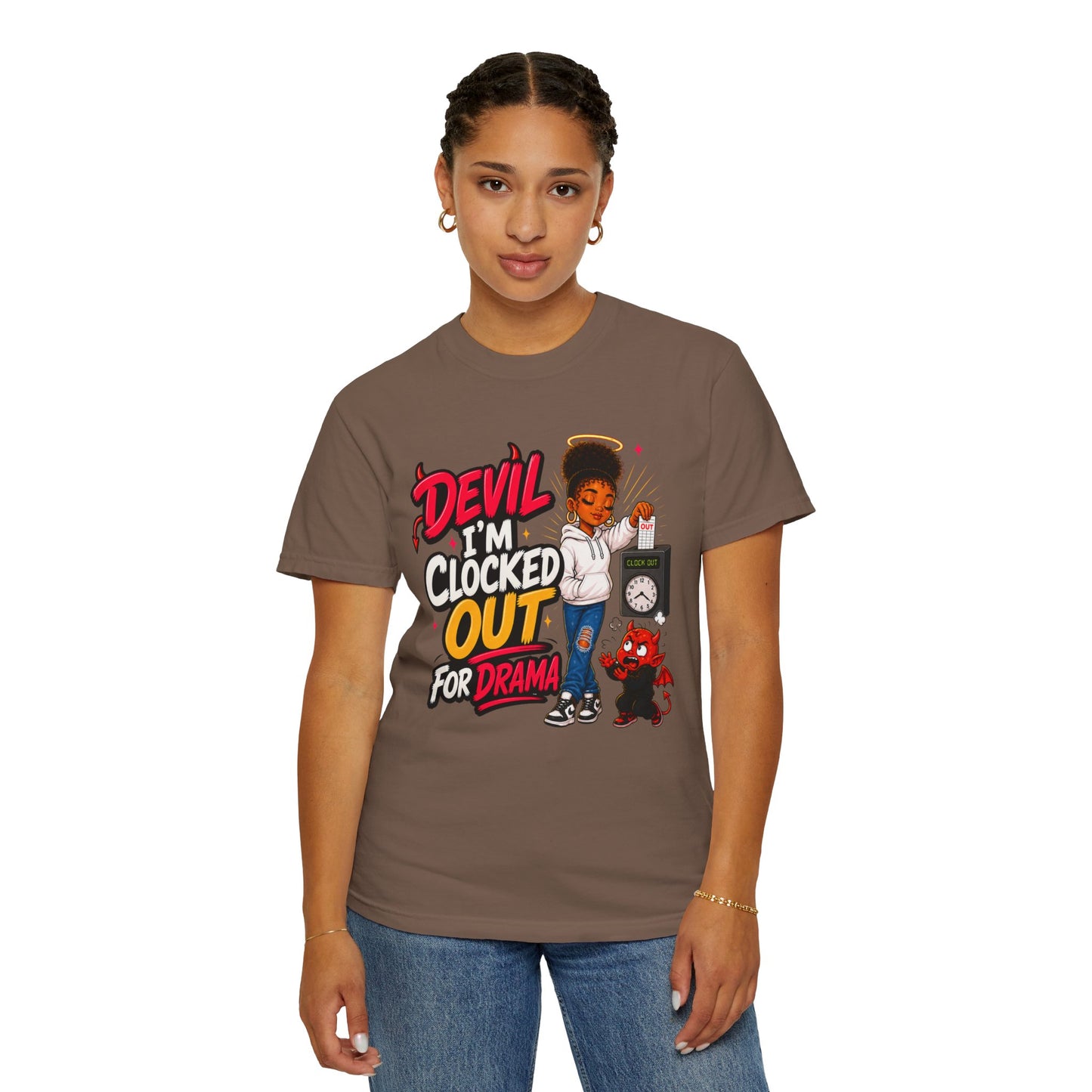 T-Shirt — "Devil I'm Clocked Out for Drama" Graphic Tee - ClaimedbyGodDesigns