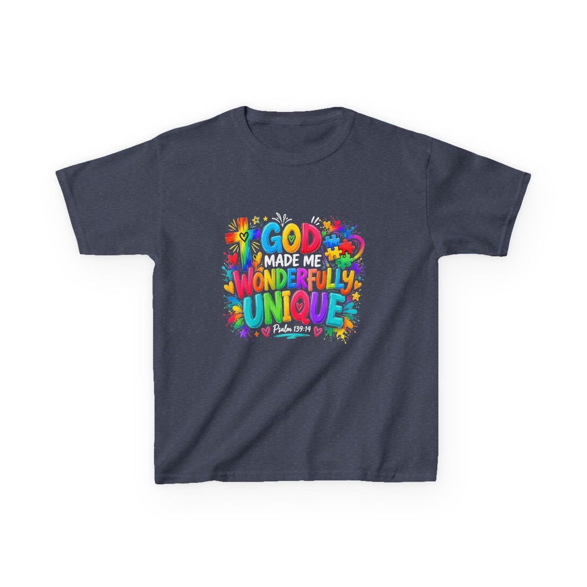 Youth Autism Awareness T-Shirt — "God Made Me Wonderfully Unique" Colorful Faith Tee