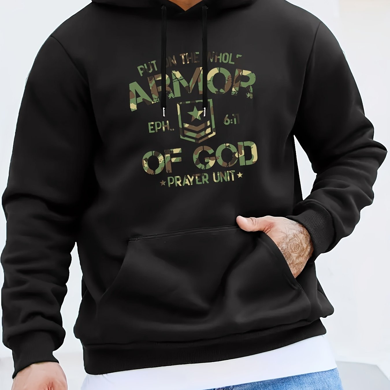 Ephesians 6:11 Prayer Unit: Put On The Whole Armor Of God Men's Christian Pullover Hooded Sweatshirt claimedbygoddesigns