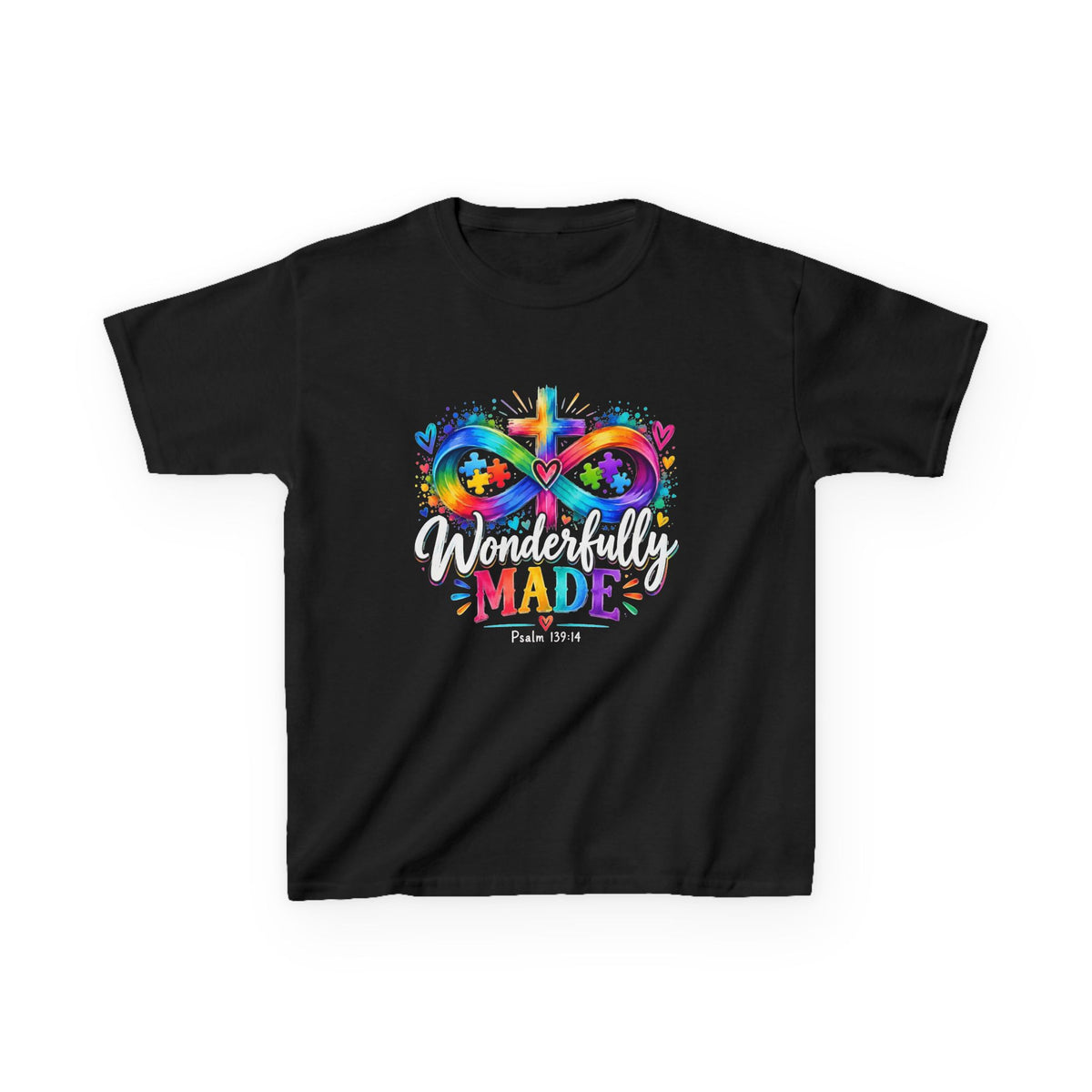 Youth autism awareness t-shirt with rainbow infinity heart