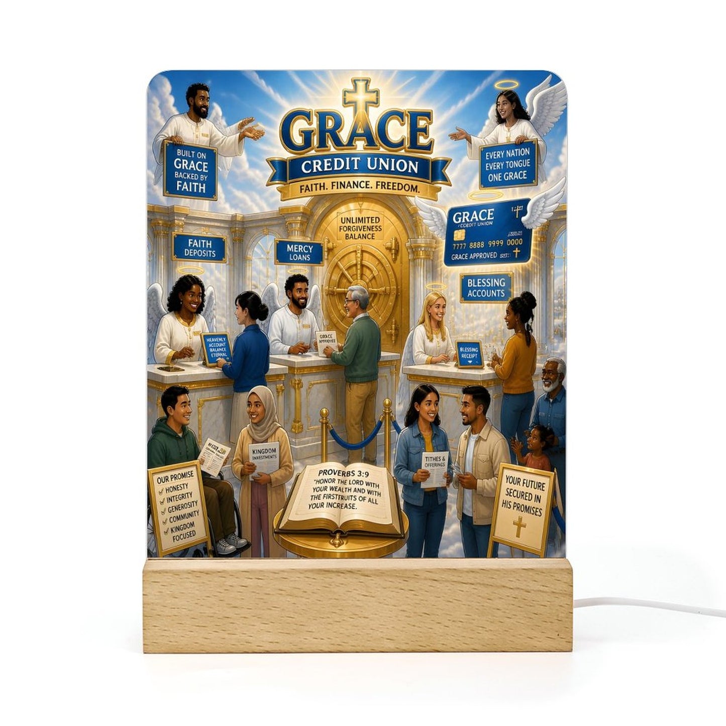 The Grace Credit Union Christian Acrylic Photo Night Light with Wooden Base - ClaimedbyGodDesigns