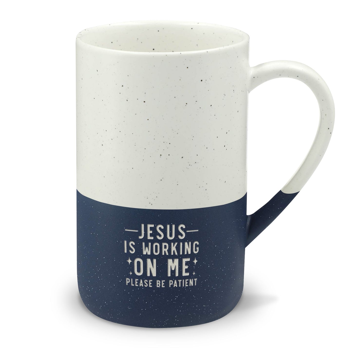 Speckled Christian Ceramic Mug 13oz — "Jesus Is Working On Me" Engraved Christian Coffee Cup
