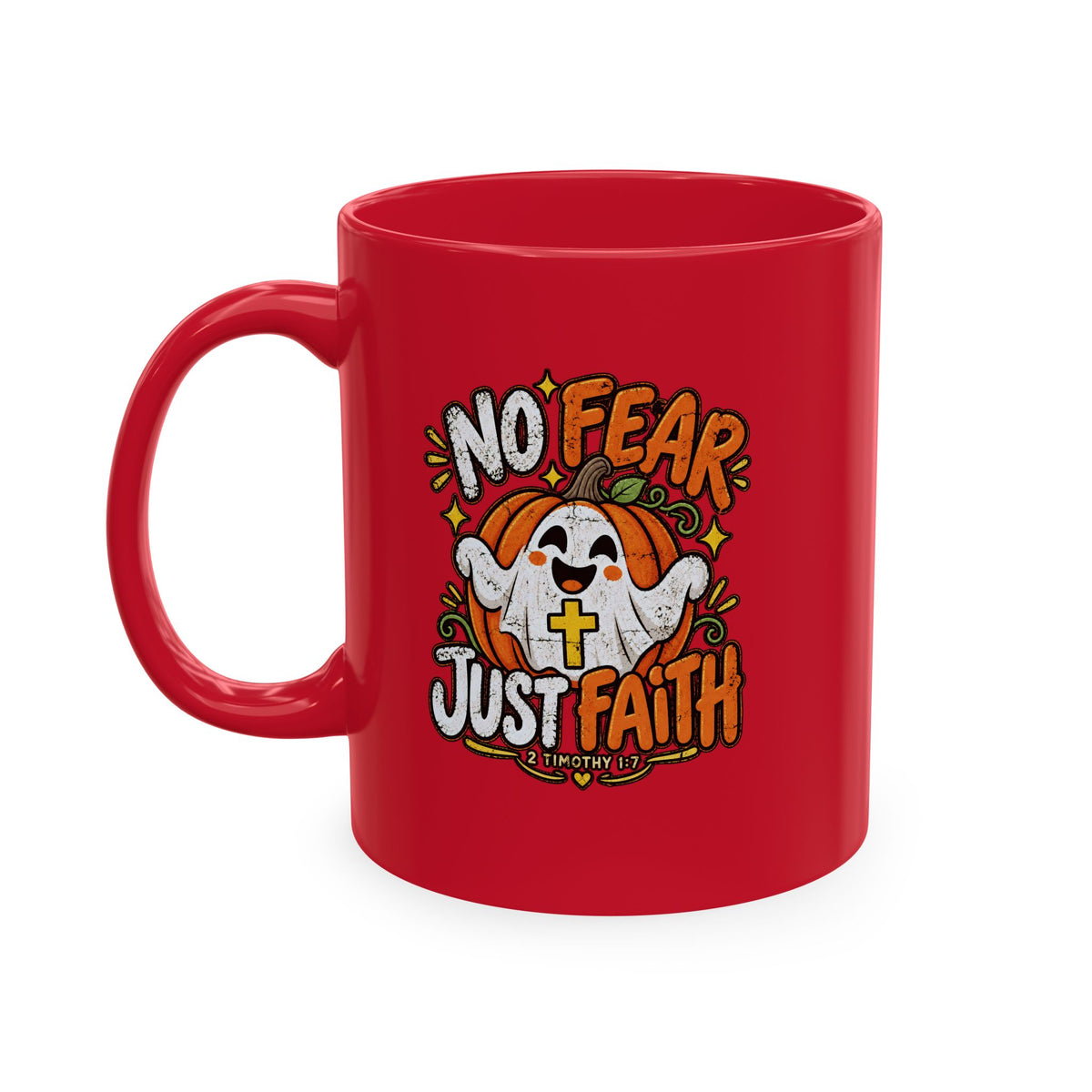 Halloween Ghost Christian Ceramic Mug — "No Fear, Just Faith" Pumpkin Coffee Cup