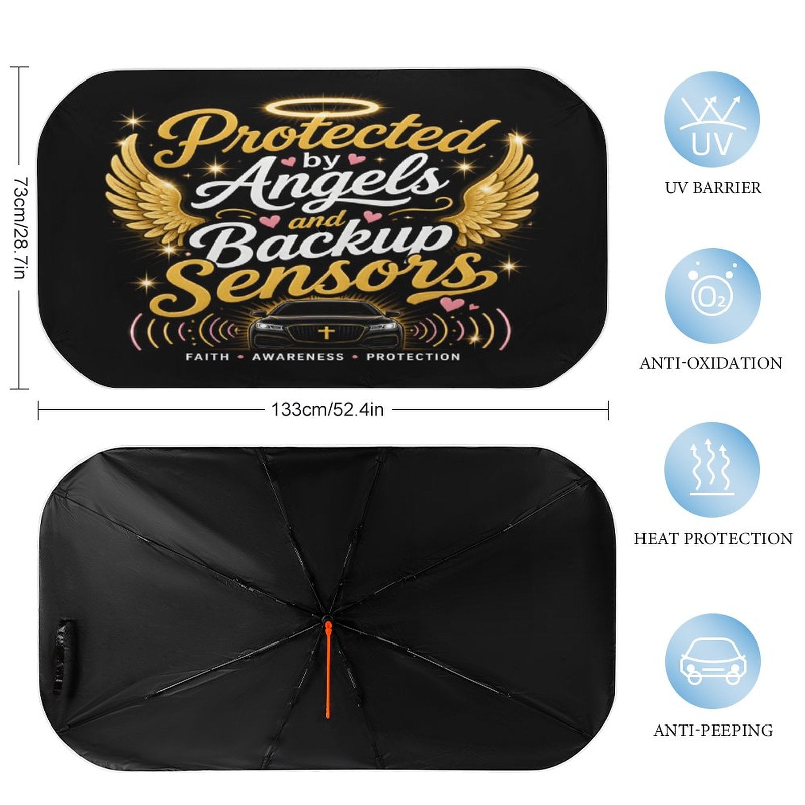 Protected by Angels & Backup Sensors Christian Car Sunshade Umbrella - ClaimedbyGodDesigns