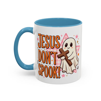 Accent Coffee Mug — "Jesus Don't Spook!" Cute Ghost Christian Coffee Mug (11/15oz)