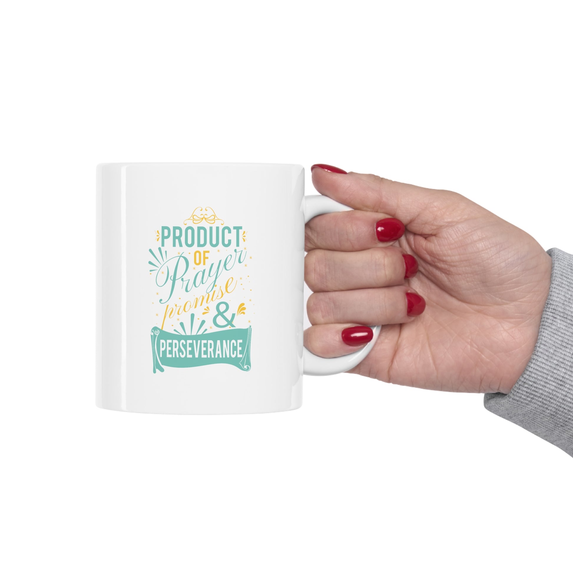 Product of Prayer Promise and Perseverance Christian White Ceramic Mug 11oz (double sided print) Printify