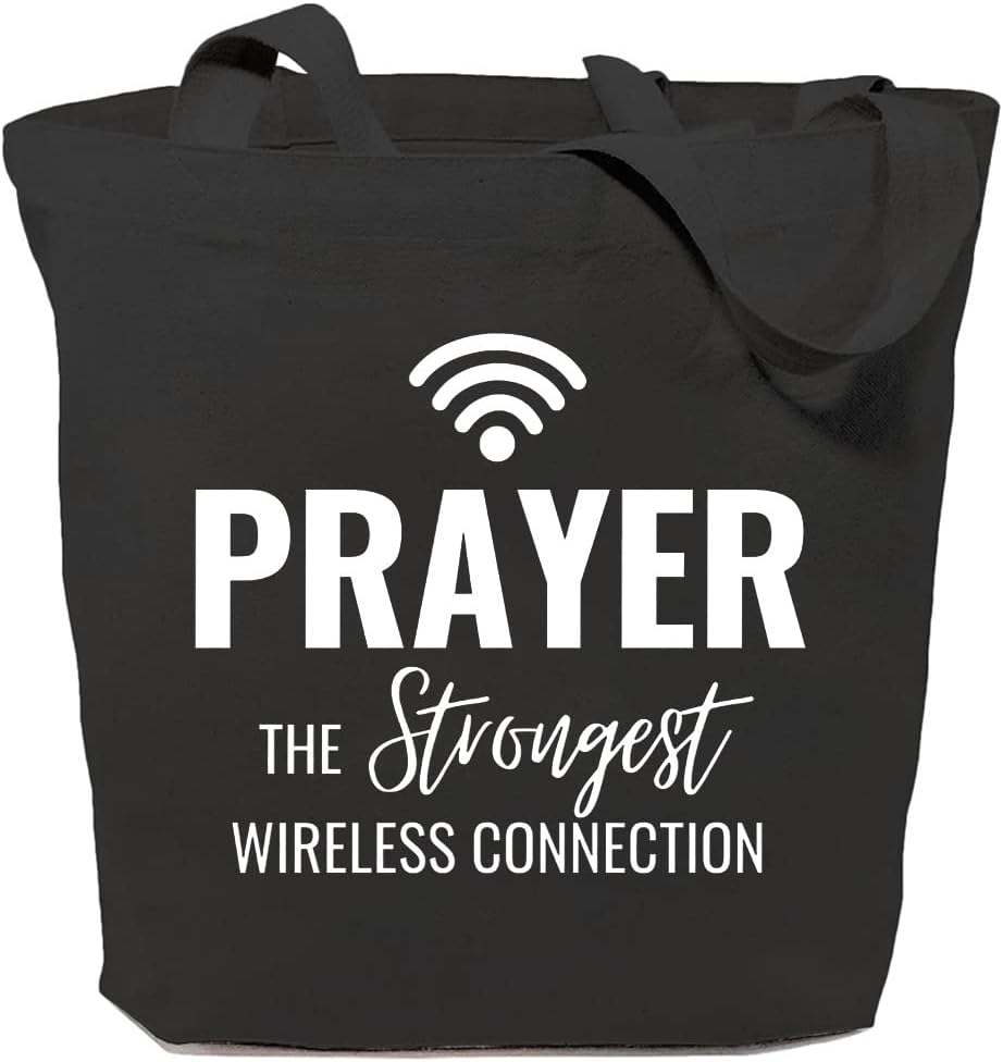Prayer The Strongest Wireless Connection Christian Tote Bag claimedbygoddesigns
