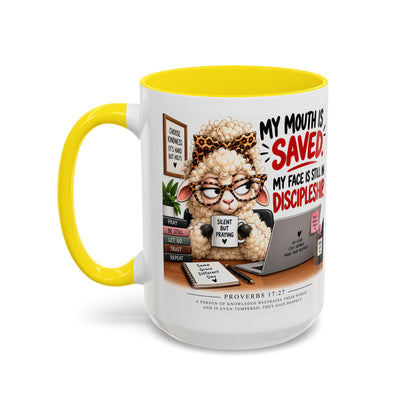Saved & Sassy Sheep Coffee Mug — "My Mouth Is Saved, My Face Is Still In Discipleship" Accent Mug