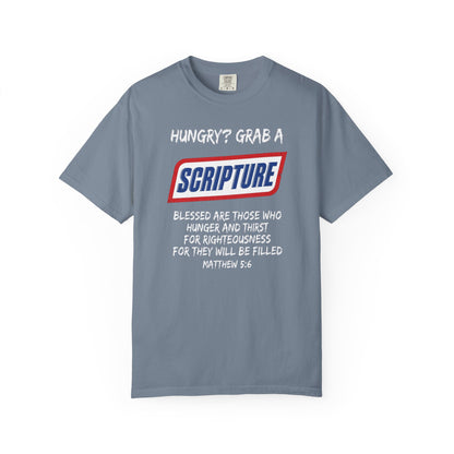 Scripture Snack T-Shirt — "Hungry? Grab a Scripture" Matthew 5:6 Christian Tee