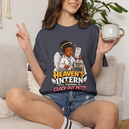 Heaven's Intern T-shirt – Funny Angel Nurse Tee ('Still Learning to Clock Out Petty') - ClaimedbyGodDesigns