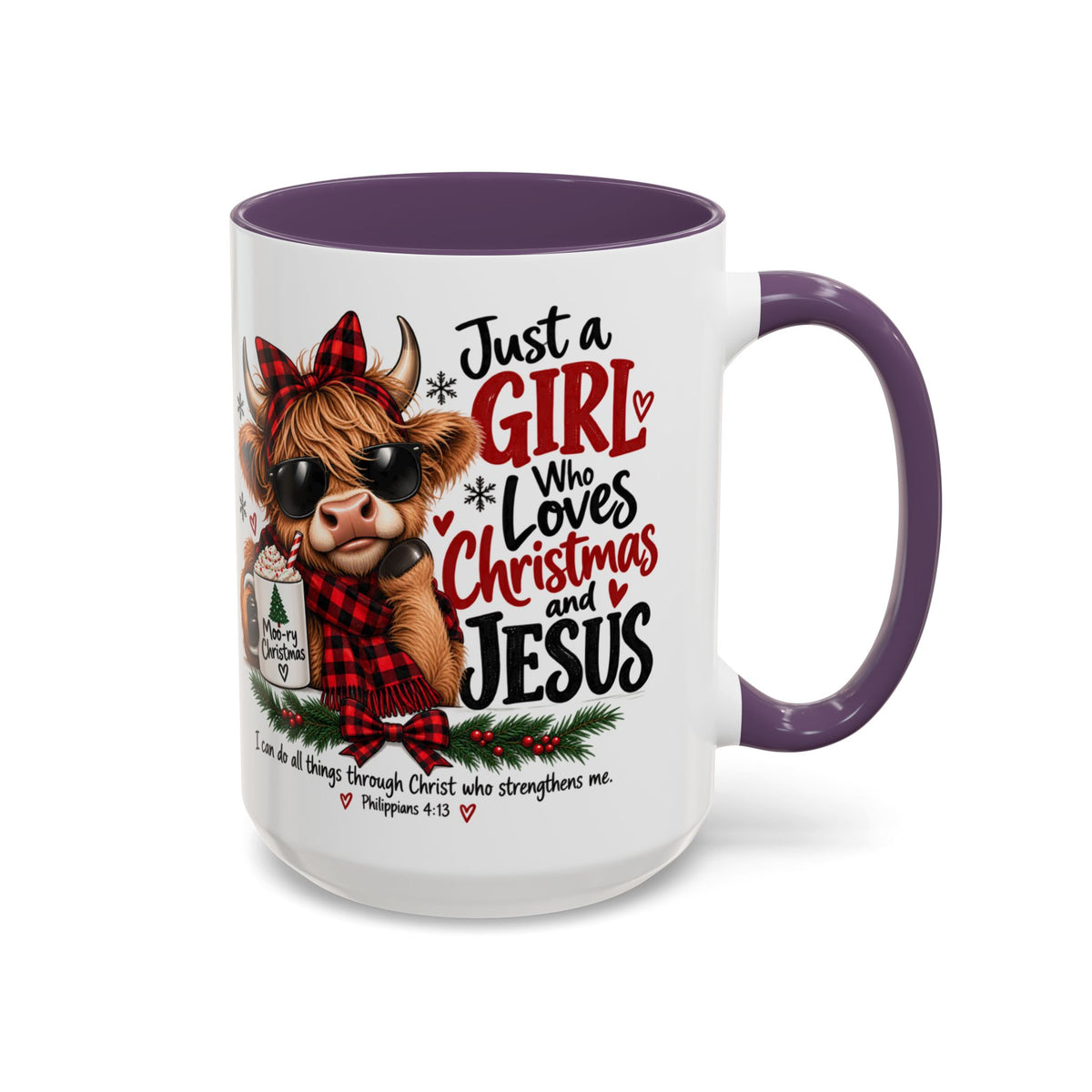 Just a Girl Who Loves Christmas and Jesus Highland Cow Coffee Mug