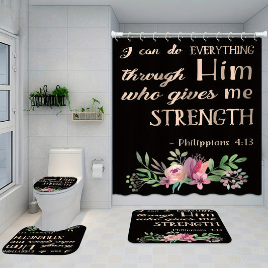 I Can Do All Things 4pcs Non-Slip Christian Bathroom Set with Shower Curtain, Rug, Lid Cover, and Toilet Mat - Includes 12 Hooks claimedbygoddesigns