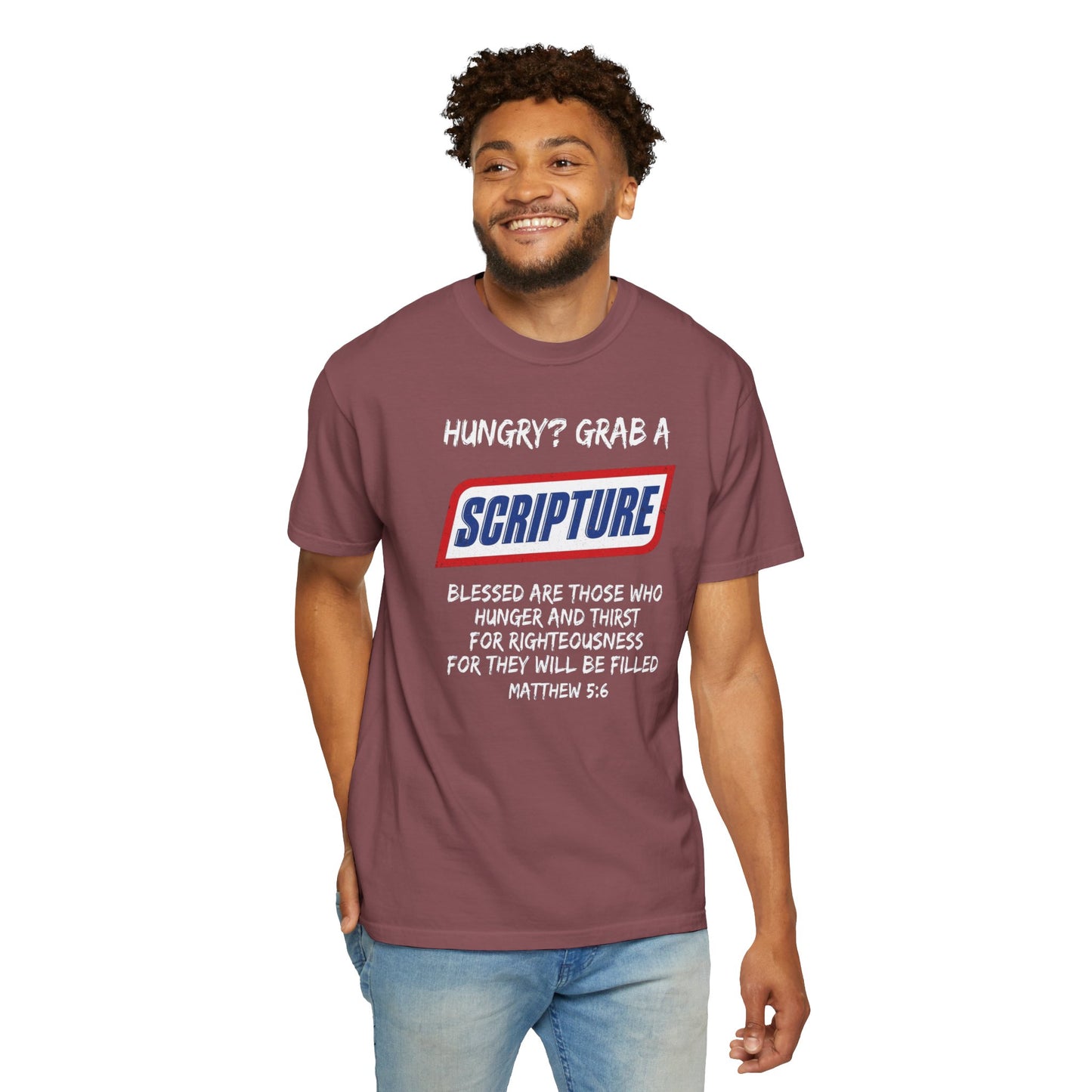 Scripture Snack T-Shirt — "Hungry? Grab a Scripture" Matthew 5:6 Christian Tee