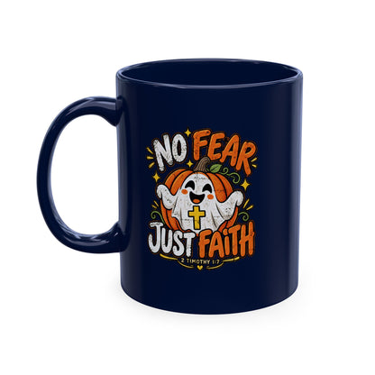 Halloween Ghost Christian Ceramic Mug — "No Fear, Just Faith" Pumpkin Coffee Cup