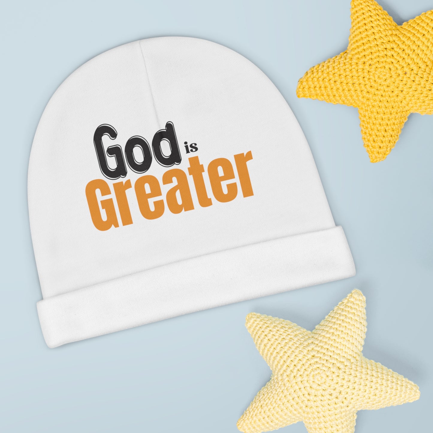God Is Greater Baby Beanie (AOP) Printify